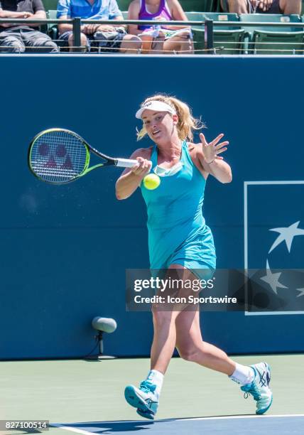 During a WTA singles championship round at the Bank of the West Classic between at the Taube Family Tennis Stadium in Stanford University, Sanford,...