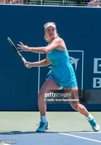 During a WTA singles championship round at the Bank of the West Classic between at the Taube Family Tennis Stadium in Stanford University, Sanford,...
