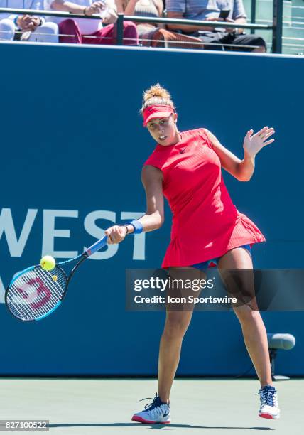 During a WTA singles championship round at the Bank of the West Classic between at the Taube Family Tennis Stadium in Stanford University, Sanford,...