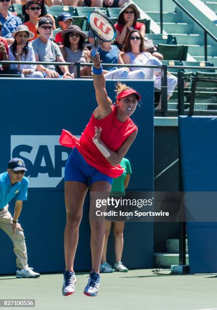 During a WTA singles championship round at the Bank of the West Classic between at the Taube Family Tennis Stadium in Stanford University, Sanford,...