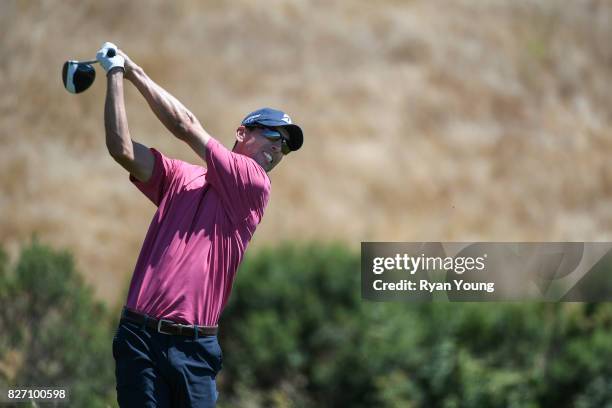 Seeth Reeves plays his shot from the 17th tee during the final round of the Web.com Tour Ellie Mae Classic at TPC Stonebrae on August 6, 2017 in...