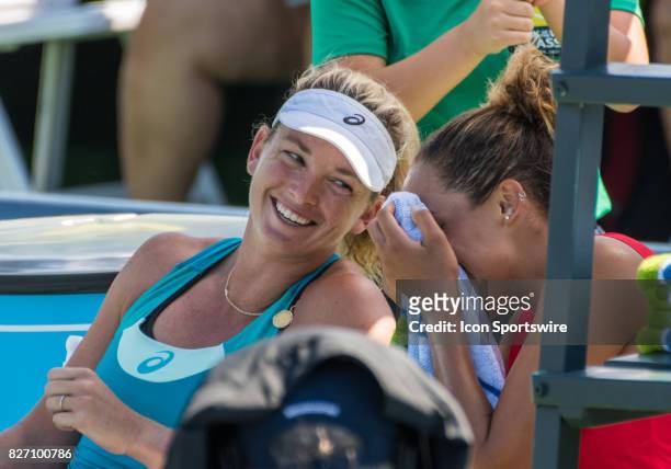 Enjoying a lighter moment before the awards during a WTA singles championship round at the Bank of the West Classic between at the Taube Family...