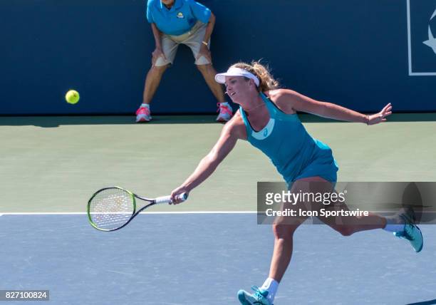 CoCo Vandeweghe places a forehand volley back during a WTA singles championship round at the Bank of the West Classic between at the Taube Family...