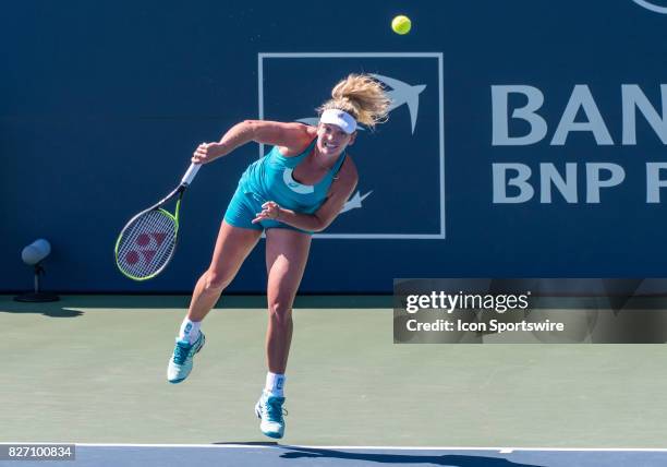 CoCo Vandeweghe serves in the second set during a WTA singles championship round at the Bank of the West Classic between at the Taube Family Tennis...