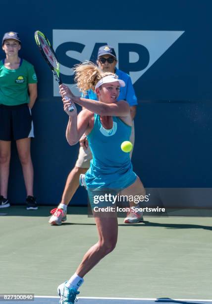 CoCo Vandeweghe places a backhand return in the second set during a WTA singles championship round at the Bank of the West Classic between at the...