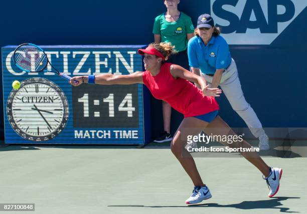 Madison Keys stretches for a serve during a WTA singles championship round at the Bank of the West Classic between at the Taube Family Tennis Stadium...