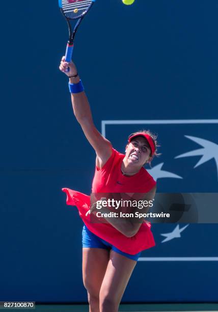 Madison Keys delivers a determined serve during a WTA singles championship round at the Bank of the West Classic between at the Taube Family Tennis...