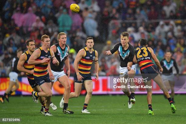 Robbie Gray of the Power kicks the ball during the round 20 AFL match between the Adelaide Crows and the Port Adelaide Power at Adelaide Oval on...