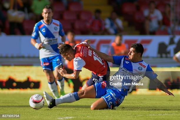 Erik Pimentel of Puebla and Daniel Villalva of Veracruz fight for the ball during the 3rd round match between Veracruz and Puebla as part of the...