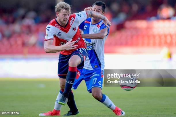 Cristian Menendez of Veracruz fights for the ball with Alonso Zamora of Puebla during the 3rd round match between Veracruz and Puebla as part of the...