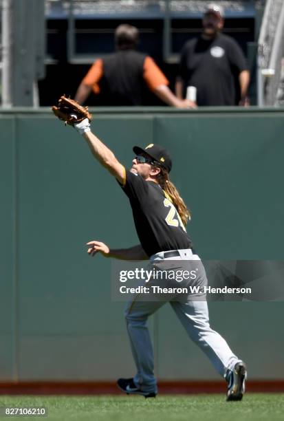 John Jaso of the Pittsburgh Pirates catches a fly ball off the bat of Joe Panik of the San Francisco Giants in the bottom of the fourth inning at...