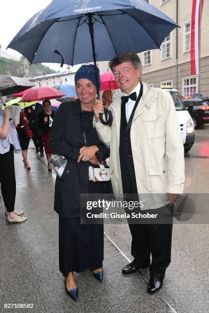 Peter Schwenkow and his wife Inga Griese-Schwenkow attend the 'Aida' premiere during the Salzburg Opera Festival 2017 on August 6, 2017 in Salzburg,...