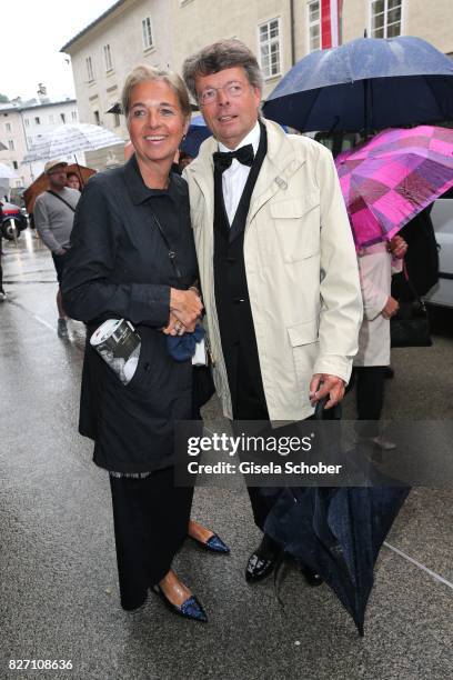 Peter Schwenkow and his wife Inga Griese-Schwenkow attend the 'Aida' premiere during the Salzburg Opera Festival 2017 on August 6, 2017 in Salzburg,...