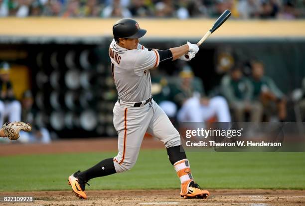 Jae-Gyun Hwang of the San Francisco Giants bats against the Oakland Athletics in the top of the first inning at Oakland Alameda Coliseum on August 1,...