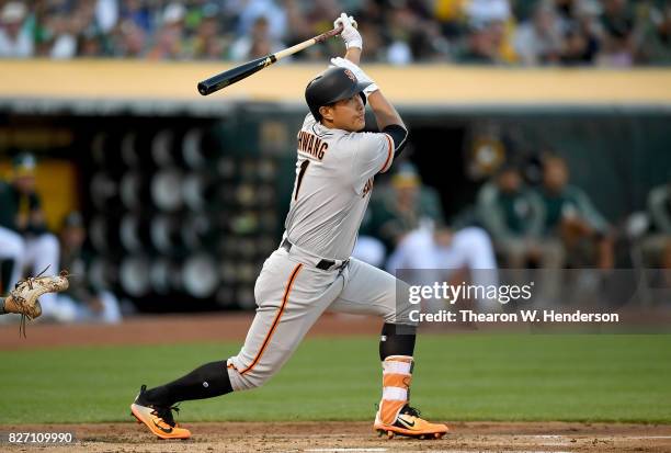 Jae-Gyun Hwang of the San Francisco Giants bats against the Oakland Athletics in the top of the first inning at Oakland Alameda Coliseum on August 1,...