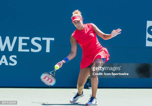 During a WTA singles championship round at the Bank of the West Classic between at the Taube Family Tennis Stadium in Stanford University, Sanford,...