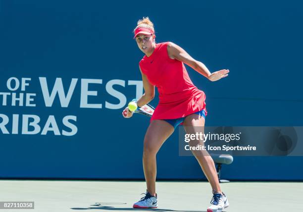 During a WTA singles championship round at the Bank of the West Classic between at the Taube Family Tennis Stadium in Stanford University, Sanford,...