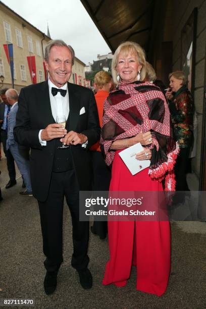 Charlotte von Bismarck and Reinhard von der Becke, CEO Lux International and Forbes Lux Group attend the 'Aida' premiere during the Salzburg Opera...