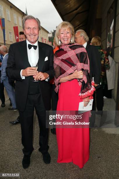 Charlotte von Bismarck and Reinhard von der Becke, CEO Lux International and Forbes Lux Group attend the 'Aida' premiere during the Salzburg Opera...