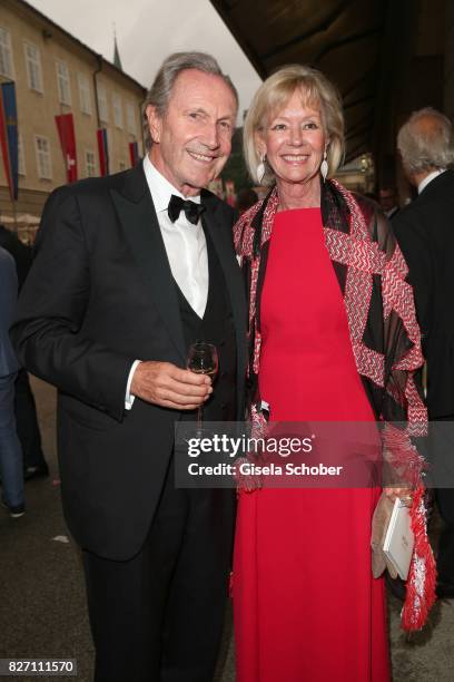 Charlotte von Bismarck and Reinhard von der Becke, CEO Lux International and Forbes Lux Group attend the 'Aida' premiere during the Salzburg Opera...