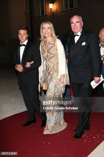 Princess Gabriele zu Leiningen, her son Prince Aly Muhammad Aga Khan and Dr. Wolfgang Seybold attend the 'Aida' premiere during the Salzburg Opera...