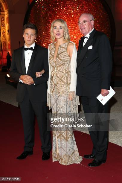 Princess Gabriele zu Leiningen and her son Prince Aly Muhammad Aga Khan and Dr. Wolfgang Seybold attend the 'Aida' premiere during the Salzburg Opera...