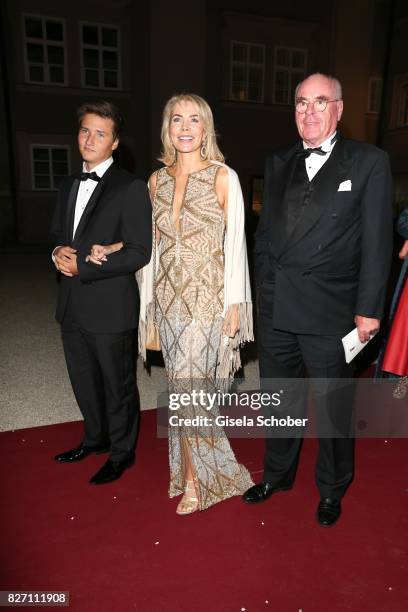 Princess Gabriele zu Leiningen and her son Prince Aly Muhammad Aga Khan and Dr. Wolfgang Seybold attend the 'Aida' premiere during the Salzburg Opera...