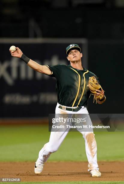Matt Chapman of the Oakland Athletics throws to first base to throw out Jae-Gyun Hwang of the San Francisco Giants in the top of the fifth inning at...