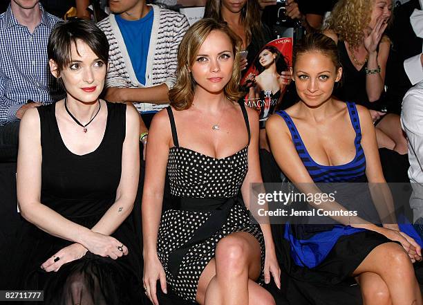 Actors Winona Ryder, Christina Ricci and Nicole Ritchie attend the "DKNY Celebrates 20 Years" Runway Show at The Tent, Bryant Park on September 7,...