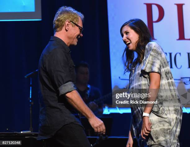 Singer/Songwriters Steven Curtis Chapman chats with Francesca Battistelli during rehearsal for Sam's Place - Music For The Spirit hosted by Steven...