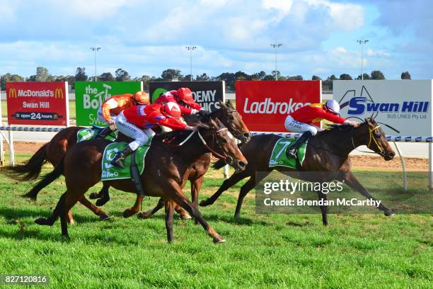 Arachne ridden by Jordan Childs wins the Manang Cup 14th October 2017 BM64 Handicap at Swan Hill Racecourse on August 07, 2017 in Swan Hill,...