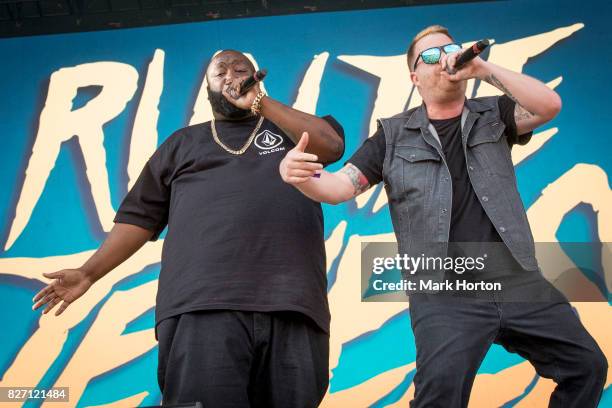 Killer Mike and El-P of Run the Jewels perform on Day 3 of the Osheaga Music and Art Festival at Parc Jean-Drapeau on August 6, 2017 in Montreal,...