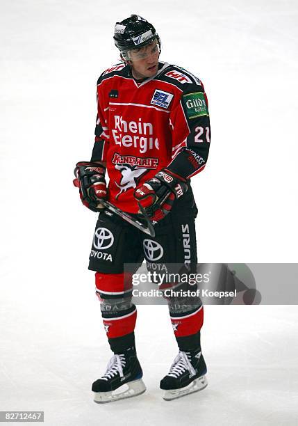 Mats Schoebels of the Koelner Haie is seen during the DEL match between Koelner Haie and Eisbaeren Berlin at the Lanxess Arena on September 4, 2008...