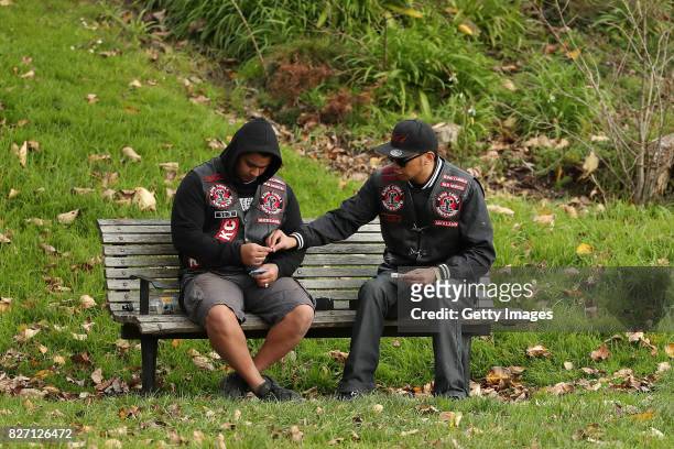 Members of the King Cobra gang watch club rugby league at Grey Lynn Park on August 5, 2017 in Auckland, New Zealand. The King Cobra Aotearoa gang was...