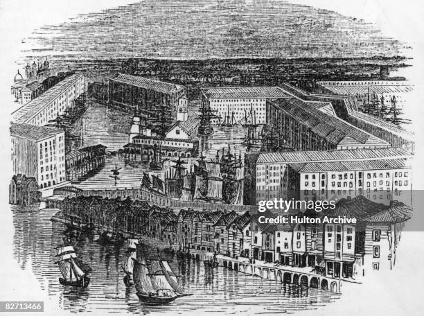 St Katharine Docks in London, circa 1828.