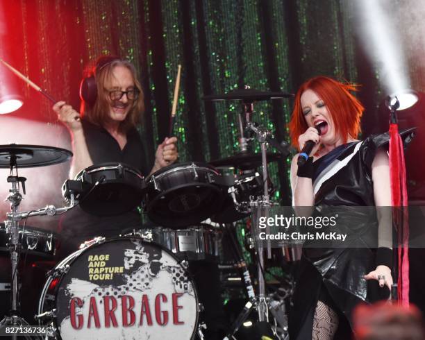 Butch Vig and Shirley Manson of Garbage perform at Chastain Park Amphitheater on August 6, 2017 in Atlanta, Georgia.