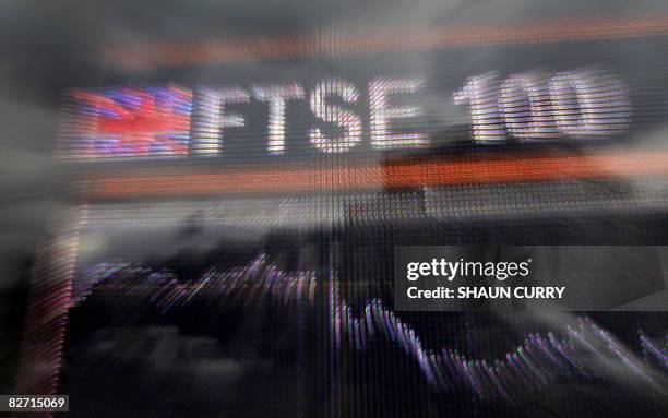 Large computerised display of the British FTSE 100 index is pictured in London, on September 8, 2008. The London Stock Exchange said Monday it had...