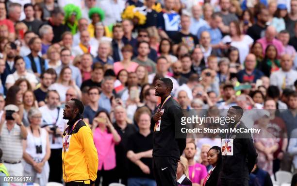 London , United Kingdom - 6 August 2017; Christian Coleman of the United States, silver, Justin Gatlin of the United States, gold, and Usain Bolt of...