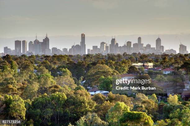 melbourne city skyline & green suburbs - suburbs australia stock-fotos und bilder