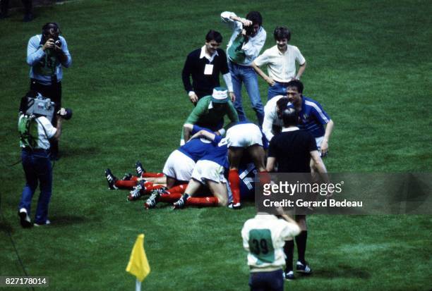 Team France celebrate his goal during the European Championship match between France and Denmark at Parc des Princes, Paris, France on 12th June 1984