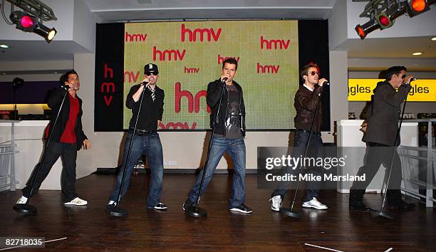 Danny Wood, Donnie Wahlberg, Jordan Knight, Joey McIntyre and Jonathan Knight of New Kids On The Block attend a signing at HMV on September 8, 2008...