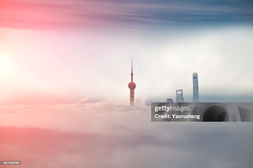 Shanghai City Scenery,Lujiazui commerical buildings in the fog