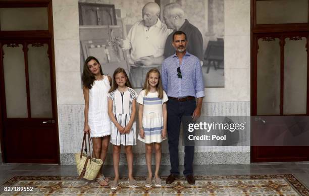 King Felipe VI of Spain, Queen Letizia of Spain and their daughters Princess Leonor of Spain and Princess Sofia of Spain visit the Can Prunera Museum...