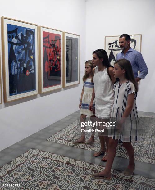 King Felipe VI of Spain, Queen Letizia of Spain and their daughters Princess Leonor of Spain and Princess Sofia of Spain visit the Can Prunera Museum...