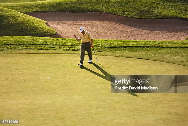 golfer celebrating making putt - golf fotografías e imágenes de stock