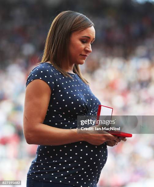 Jessica Ennis poses with her gold medal from the Heptathlon in Daegu from the 2011 World Championships, during day three of the 16th IAAF World...