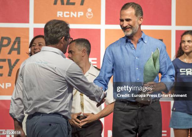 King Felipe of Spain attends the 36th Copa del Rey Mapfre Sailing Cup awards ceremony at the Ses Voltes cultural center on August 5, 2017 in Palma de...