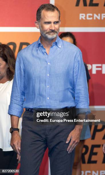 King Felipe of Spain attends the 36th Copa del Rey Mapfre Sailing Cup awards ceremony at the Ses Voltes cultural center on August 5, 2017 in Palma de...