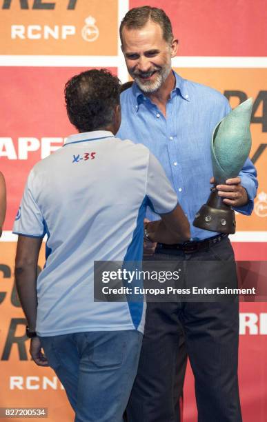 King Felipe of Spain attends the 36th Copa del Rey Mapfre Sailing Cup awards ceremony at the Ses Voltes cultural center on August 5, 2017 in Palma de...