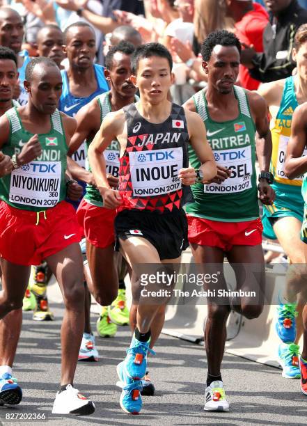 Hiroto Inoue of Japan competes in the Men's marathon during day three of the 16th IAAF World Athletics Championships London 2017 on August 6, 2017 in...